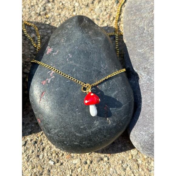 Whimsy Necklace:  Gold Plated Mini Mushroom, Blue Sneaker, Black Kitty.  Unique! - Picture 7 of 16